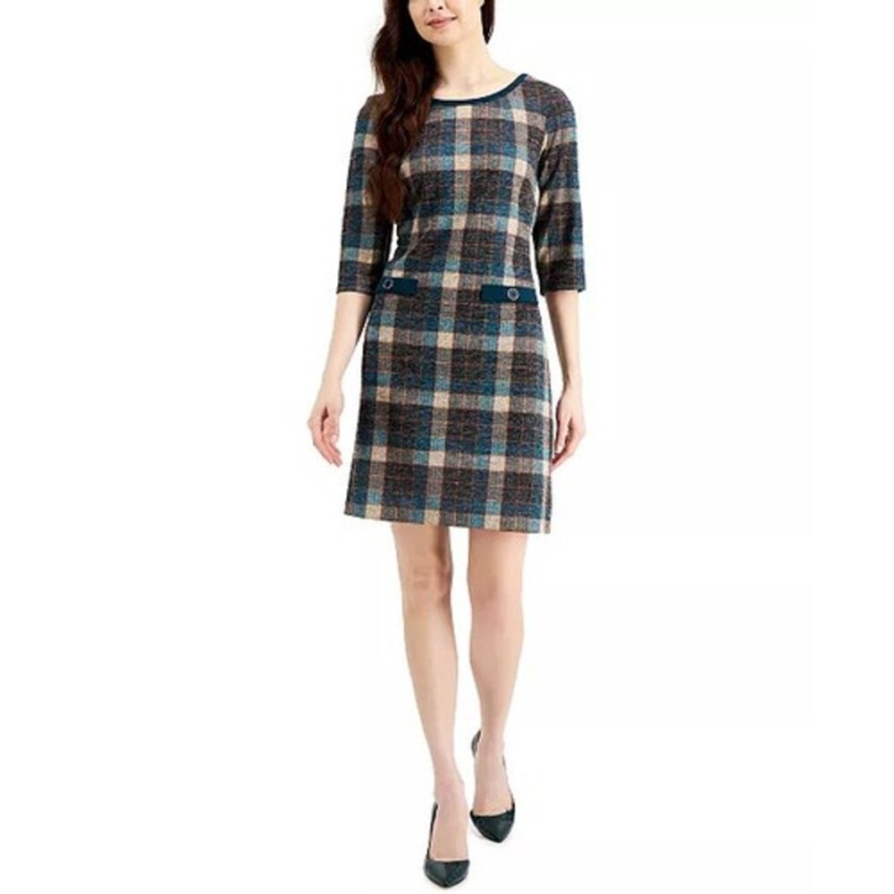 NWT Connected Womens Dark Mallard Plaid 3/4 Sleeve Knee Length Sheath Dress S 12